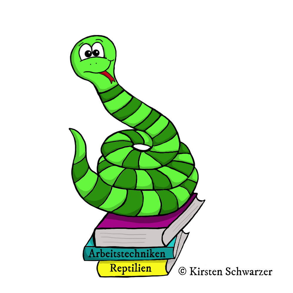 Eine gezeichnete Szene aus dem Uni-Dschungel. Die grün geringelte Uni-Dschungel-Schlange sitzt eingekringelt auf drei Büchern, die gelb, türkis und violett sind. Auf zwei Buchrücken ist der Titel sichtbar: Arbeitstechniken und Reptilien. Sie hat ihre erste Hausarbeit fast fertig und muss nun noch ein Literaturverzeichnis erstellen.