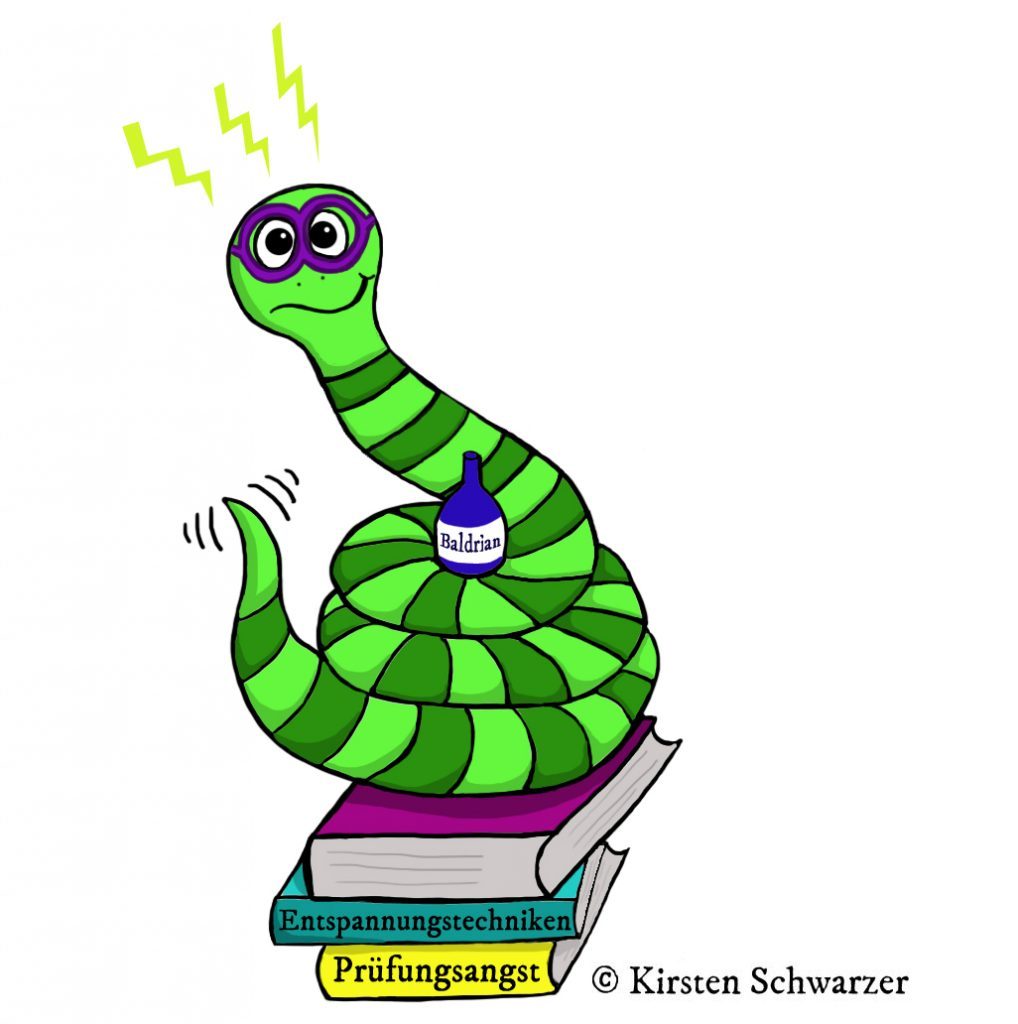 Eine gezeichnete Szene aus dem Uni-Dschungel. Die grün geringelte Uni-Dschungel-Schlange sitzt eingekringelt um eine Baldrianflasche auf drei Büchern, die gelb, türkis und violett sind. Auf zwei Buchrücken ist der Titel sichtbar: Entspannungstechniken und Prüfungsangst. Die Schlange hat eine violette Brille auf und sieht verzweifelt aus, schließlich ist gerade Prüfungszeit. Ihr Schwänzchen zittert und über ihrem Kopf sind drei Blitze zu sehen.
