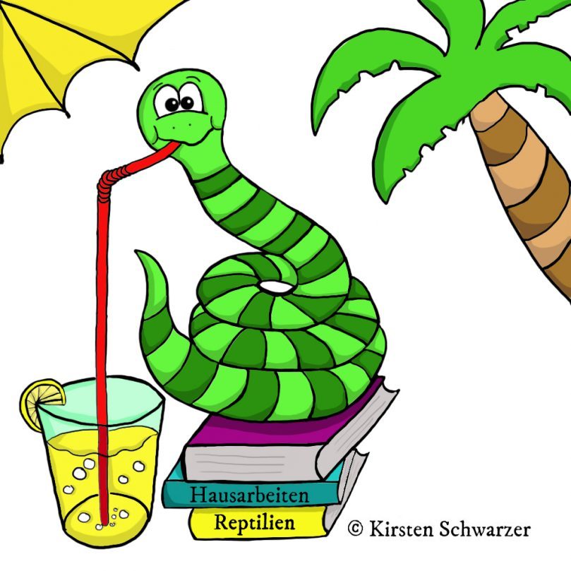 Eine gezeichnete Szene aus dem Uni-Dschungel. Die grün geringelte Uni-Dschungel-Schlange sitzt eingekringelt auf drei Büchern, die gelb, türkis und violett sind. Auf zwei Buchrücken ist der Titel sichtbar: Hausarbeiten und Reptilien. Sie schlürft gerade mit einem roten Strohhalm eine Zitronenlimonade. Das Glas ist mit einer Zitronenscheibe dekoriert. Eigentlich müsste sie ihre erste wissenschaftliche Arbeit schreiben. Es sind Semesterferien, daher sitzt sie nicht im Hörsaal, sondern unter einem gelben Sonnenschirm, im Schatten einer Palme.