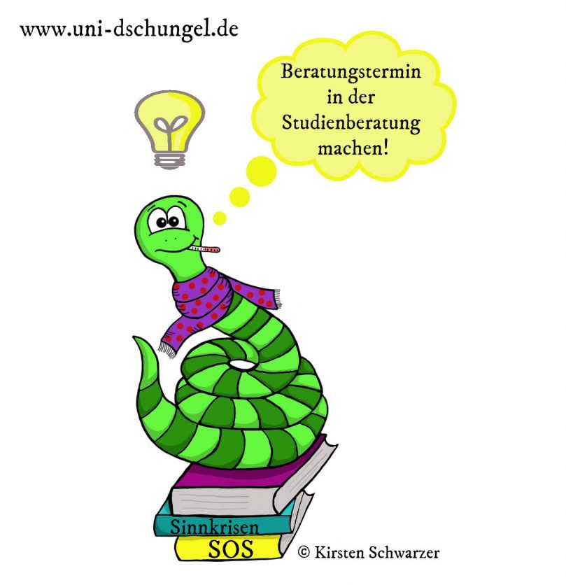 Eine gezeichnete Szene aus dem Uni-Dschungel. Die grün geringelte Uni-Dschungel-Schlange sitzt eingekringelt auf drei Büchern, die gelb, türkis und violett sind. Auf zwei Buchrücken ist der Titel sichtbar: Sinnkrise und SOS. Die Schlange trägt einen lilafarbenen Schal mit roten Punkten und ein Fieberthermometer im Mund. Über ihrem Kopf sieht man eine Glühbirne und eine Gedankenblase mit folgendem Inhalt: Beratungstermin in der Studienberatung machen!