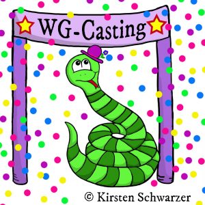 Eine gezeichnete Szene aus dem Uni-Dschungel. Die grün geringelte Uni-Dschungel-Schlange sitzt im bunten Konfettiregen eingekringelt unter einem lilafarbenen Banner mit der Aufschrift „WG-Casting“, die von zwei Sternen eingerahmt wird. Die Schlange sieht fröhlich aus und trägt ein pinkes Hütchen mit einer blauen Blume.