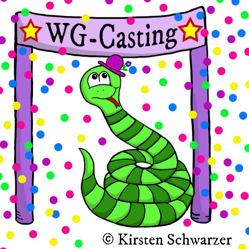 Eine gezeichnete Szene aus dem Uni-Dschungel. Die grün geringelte Uni-Dschungel-Schlange sitzt im bunten Konfettiregen eingekringelt unter einem lilafarbenen Banner mit der Aufschrift „WG-Casting“, die von zwei Sternen eingerahmt wird. Die Schlange sieht fröhlich aus und trägt ein pinkes Hütchen mit einer blauen Blume.