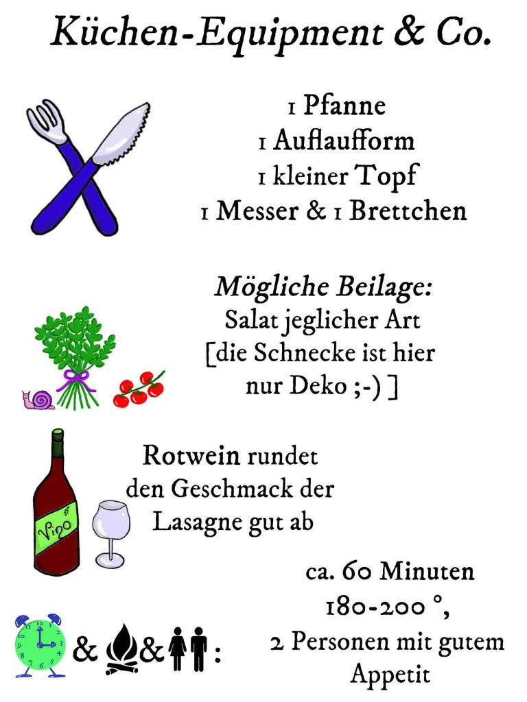 Auf dem Bild sieht man eine Übersicht über das Küchen-Equipment und weitere Angaben für das Rezept der Veggie-Lasagne. Neben einem Messer und einer Gabel mit blauem Griff steht: 1 Pfanne, 1 Auflaufform, 1 kleiner Topf, 1 Messer und 1 Brettchen. Darunter ist ein Bild mit einer gezeichneten, lilafarbenen Schnecke neben einem Strauß Basilikum und Tomaten. Daneben sind mögliche Beilagen notiert: Salat jeglicher Art [die Schnecke ist nur Deko, Zwinker-Smiley]. Darunter befindet sich eine gezeichnete Flasche Rotwein und ein Glas mit dem Vermerk, dass Rotwein den Geschmack der Lasagne abrunde. Im unteren Teil des Bildes ist ein Wecker, eine Feuerstelle und zwei Personensymbole abgebildet mit den Infos: ca. 60 Minuten, 180 bis 200 Grad, 2 Personen mit gutem Appetit.