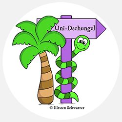 Zu sehen ist das gezeichnete Logo des Uni-Dschungel-Blogs: Das Maskottchen, die grün geringelte Uni-Dschungel-Schlange windet sich um einen lilafarbenen Wegweiser, der in den Uni-Dschungel zeigt. Neben dem Wegweiser befindet sich eine Palme.