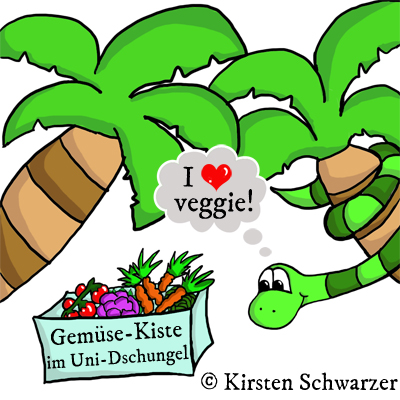 Eine gezeichnete Szene aus dem Uni-Dschungel. Die grün geringelte Uni-Dschungel-Schlange hat sich um eine Palme gewickelt und schaut sehnsüchtig zu einer Kiste, die in der Mitte des Bildes steht. In der Kiste befinden sich Möhren, ein lilafarbener Blumenkohl und Tomaten. Die Kiste trägt die Aufschrift: „Gemüse-Kiste im Uni-Dschungel“. Über dem Kopf der Schlange befindet sich eine Gedankenblase: „I love (als Herzsymbol) veggie!“. Links im Bild steht eine weitere Palme.
