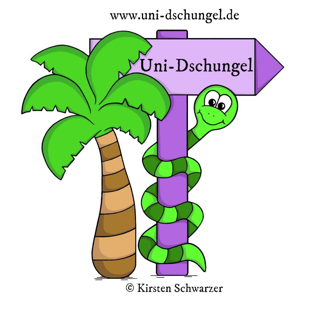 Zu sehen ist das gezeichnete Logo des Uni-Dschungel-Blogs: Das Maskottchen, die grün geringelte Uni-Dschungel-Schlange windet sich um einen lilafarbenen Wegweiser, der in den Uni-Dschungel zeigt. Neben dem Wegweiser befindet sich eine Palme.
